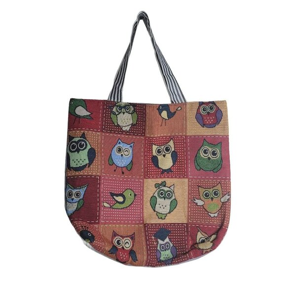 Unbranded Owl Tote Bag Canvas Patchwork Gray Striped Handles - Picture 1 of 7